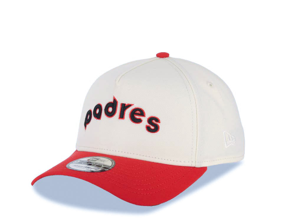 San Diego Padres New Era MLB 9FORTY 940 Adjustable A-Frame Cap Hat Cream Crown Red Visor Black/Red Script/Text Logo 40th Anniversary Side Patch