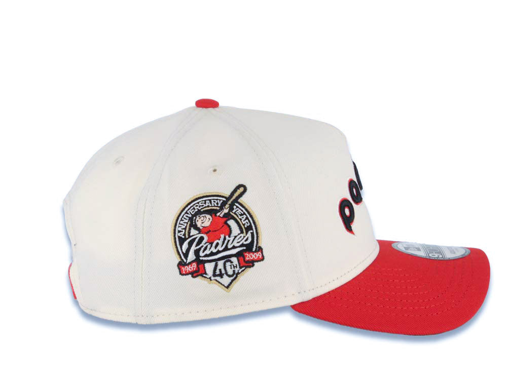 San Diego Padres New Era MLB 9FORTY 940 Adjustable A-Frame Cap Hat Cream Crown Red Visor Black/Red Script/Text Logo 40th Anniversary Side Patch