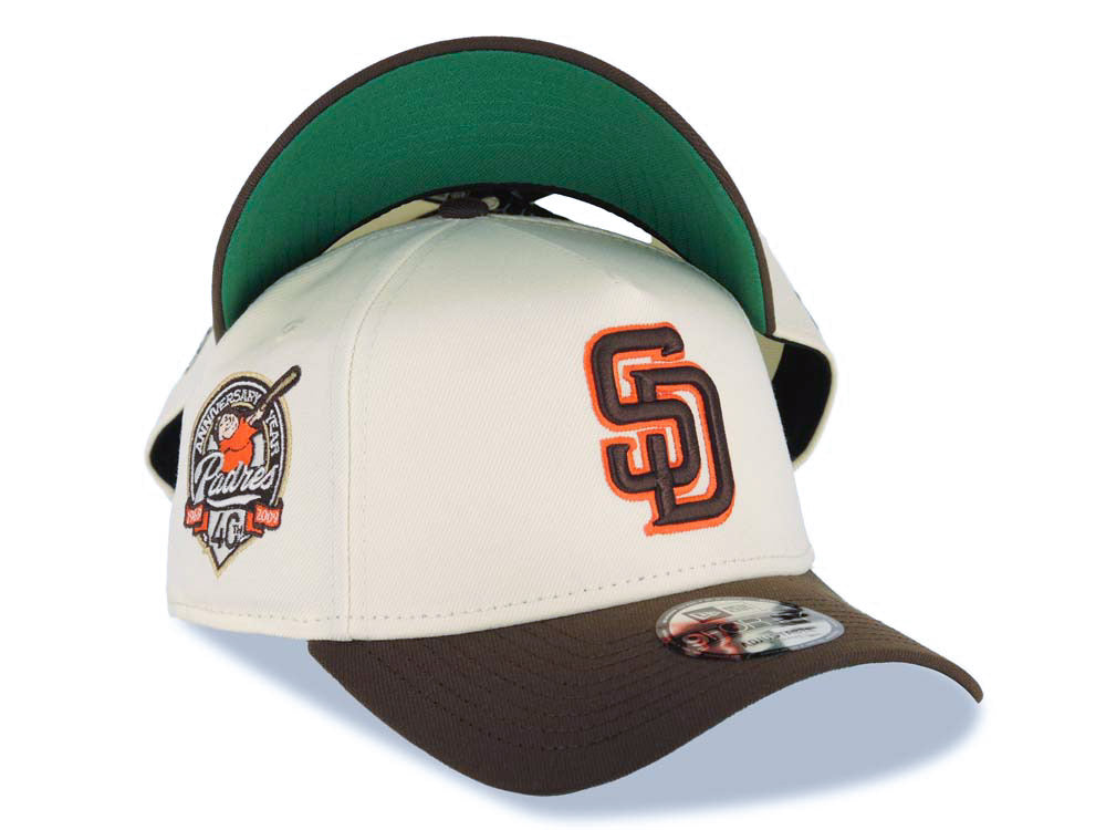 San Diego Padres New Era MLB 9FORTY 940 Adjustable A-Frame Cap Hat Cream Crown Brown Visor Brown/Orange Logo 40th Anniversary Side Patch Green UV