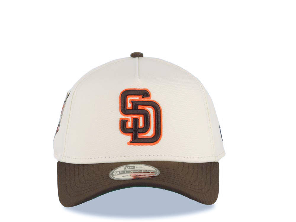 San Diego Padres New Era MLB 9FORTY 940 Adjustable A-Frame Cap Hat Cream Crown Brown Visor Brown/Orange Logo 40th Anniversary Side Patch Green UV