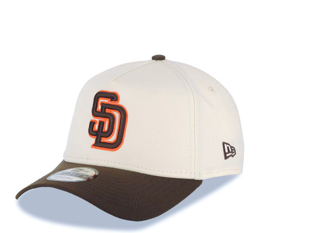 San Diego Padres New Era MLB 9FORTY 940 Adjustable A-Frame Cap Hat Cream Crown Brown Visor Brown/Orange Logo 40th Anniversary Side Patch Green UV
