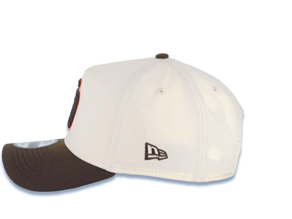 San Diego Padres New Era MLB 9FORTY 940 Adjustable A-Frame Cap Hat Cream Crown Brown Visor Brown/Orange Logo 40th Anniversary Side Patch Green UV