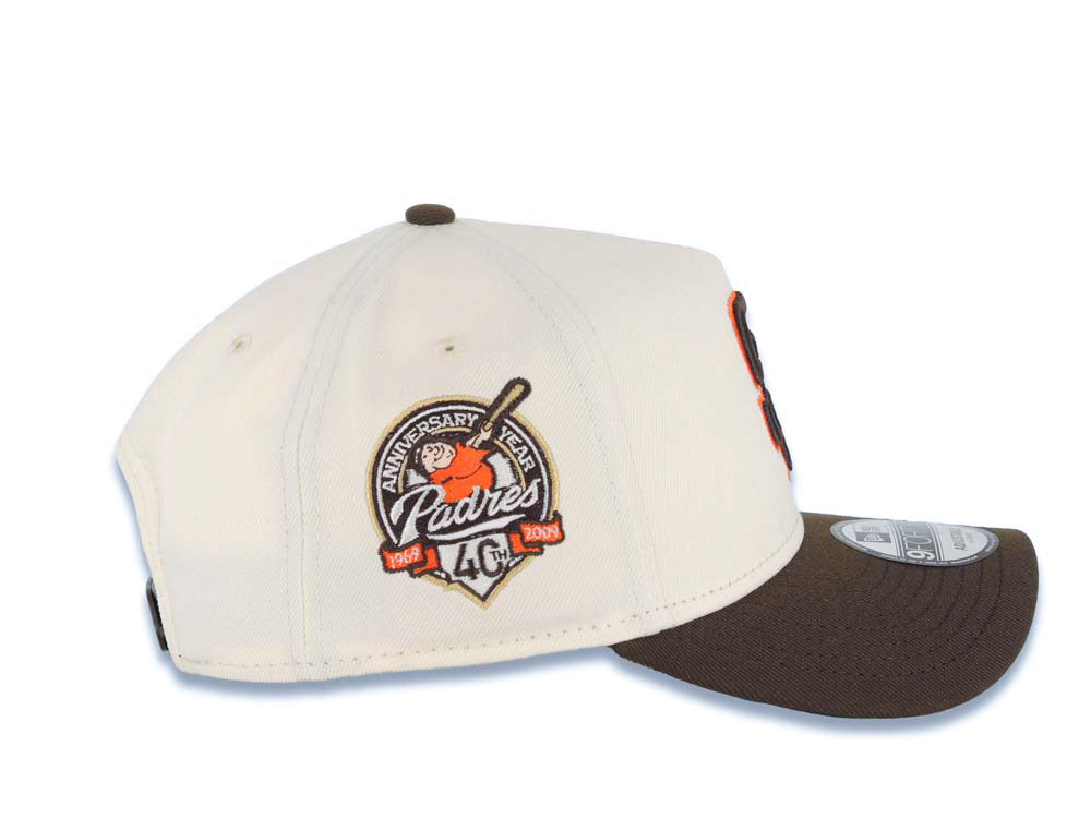 San Diego Padres New Era MLB 9FORTY 940 Adjustable A-Frame Cap Hat Cream Crown Brown Visor Brown/Orange Logo 40th Anniversary Side Patch Green UV