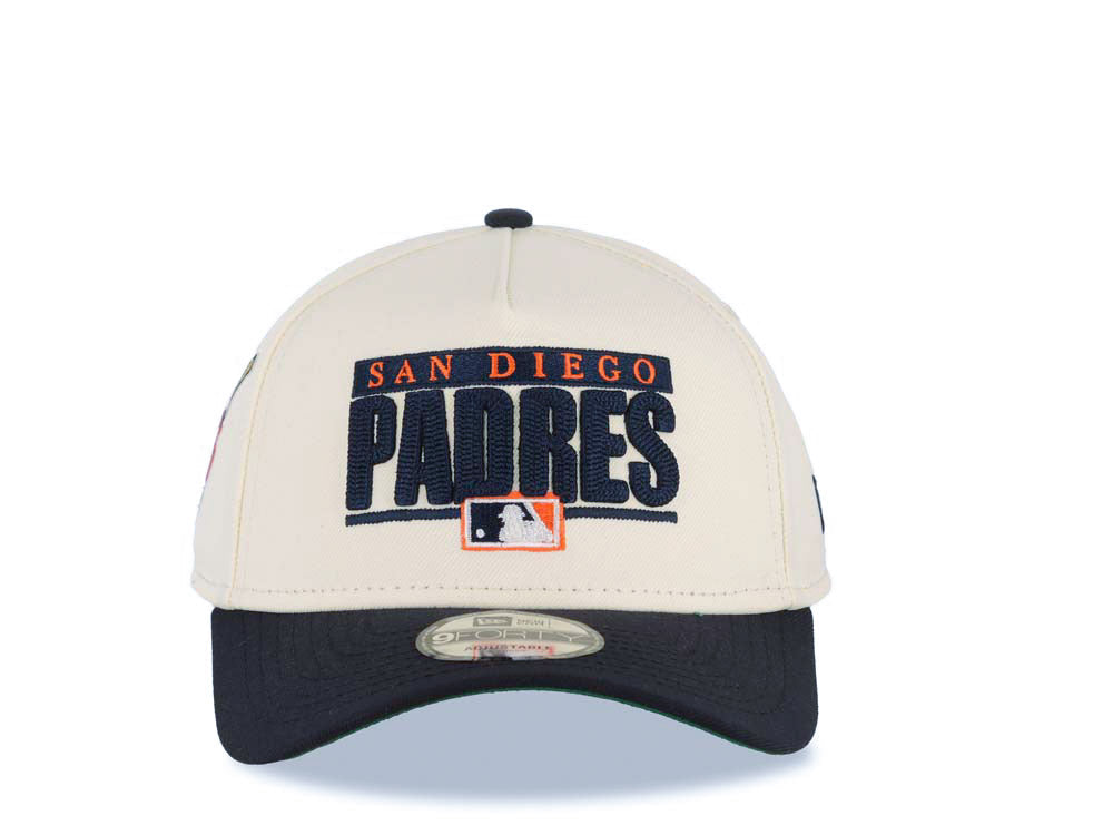 San Diego Padres New Era MLB 9FORTY 940 Adjustable A-Frame Cap Hat Cream Crown Navy Blue Visor Navy Blue/Orange Text Logo Swinging Friar Side Patch