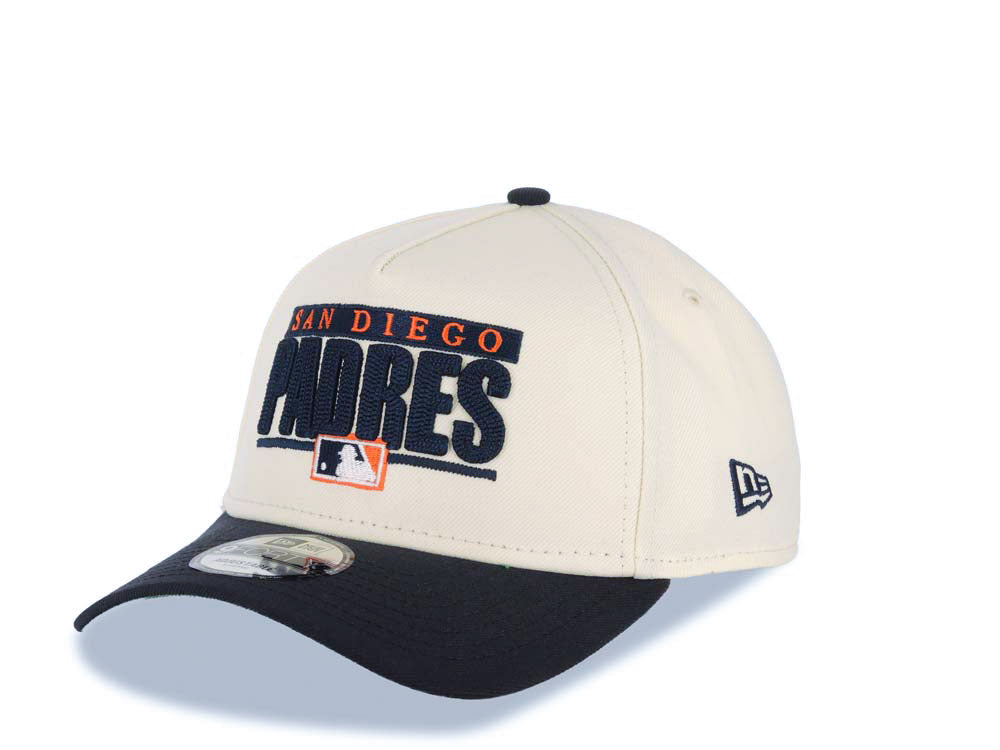 San Diego Padres New Era MLB 9FORTY 940 Adjustable A-Frame Cap Hat Cream Crown Navy Blue Visor Navy Blue/Orange Text Logo Swinging Friar Side Patch