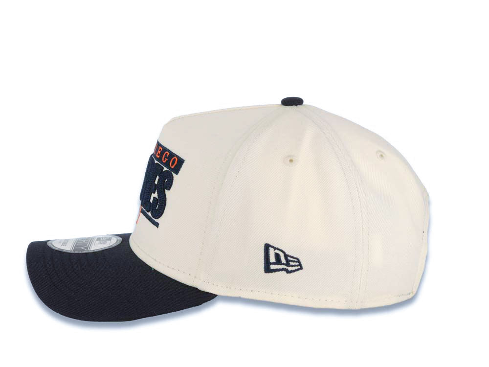 San Diego Padres New Era MLB 9FORTY 940 Adjustable A-Frame Cap Hat Cream Crown Navy Blue Visor Navy Blue/Orange Text Logo Swinging Friar Side Patch