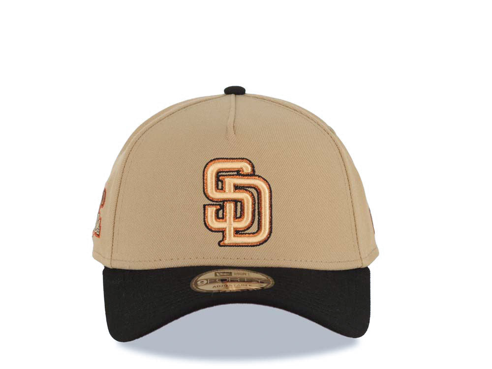 San Diego Padres New Era MLB 9FORTY 940 Adjustable A-Frame Cap Hat Khaki Crown Black Visor Peach/Metallic Brown/Black Logo 1984 World Series Patch