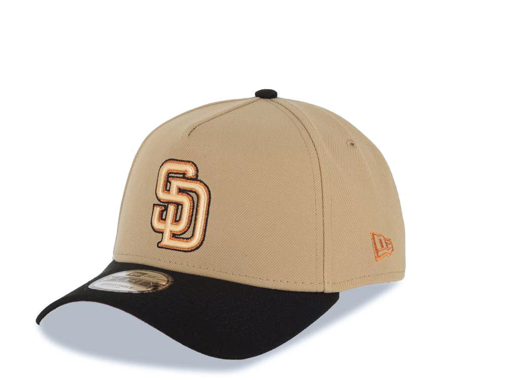 San Diego Padres New Era MLB 9FORTY 940 Adjustable A-Frame Cap Hat Khaki Crown Black Visor Peach/Metallic Brown/Black Logo 1984 World Series Patch