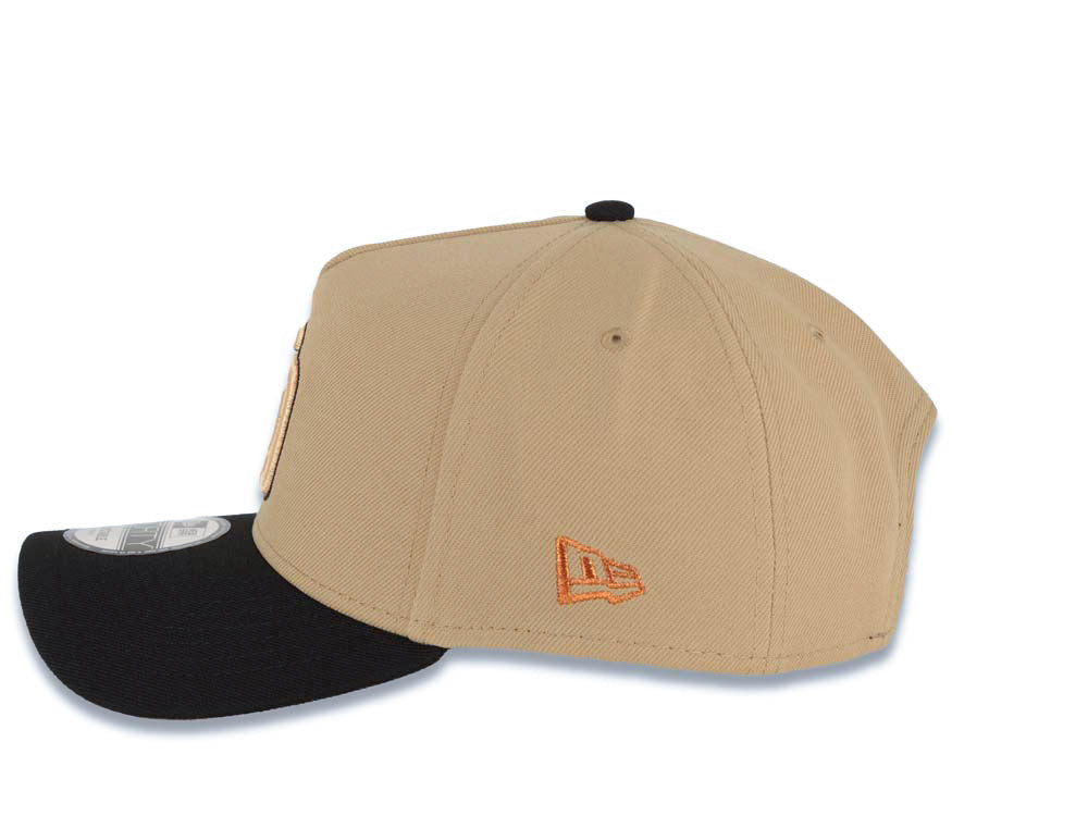 San Diego Padres New Era MLB 9FORTY 940 Adjustable A-Frame Cap Hat Khaki Crown Black Visor Peach/Metallic Brown/Black Logo 1984 World Series Patch