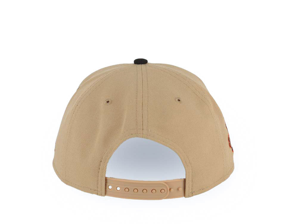 San Diego Padres New Era MLB 9FORTY 940 Adjustable A-Frame Cap Hat Khaki Crown Black Visor Peach/Metallic Brown/Black Logo 1984 World Series Patch