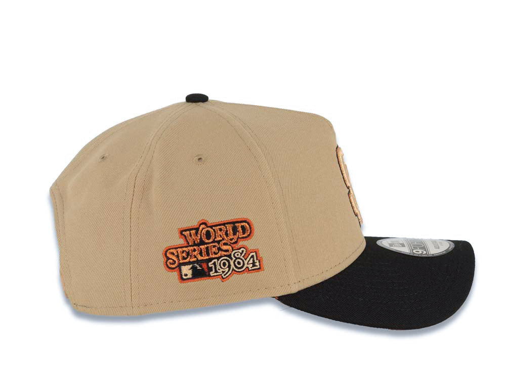 San Diego Padres New Era MLB 9FORTY 940 Adjustable A-Frame Cap Hat Khaki Crown Black Visor Peach/Metallic Brown/Black Logo 1984 World Series Patch