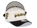 San Diego Padres New Era MLB 9FORTY 940 Adjustable A-Frame Cap Hat White Crown Black Visor Black/Metallic Gold Logo 25th Anniversary Side Patch