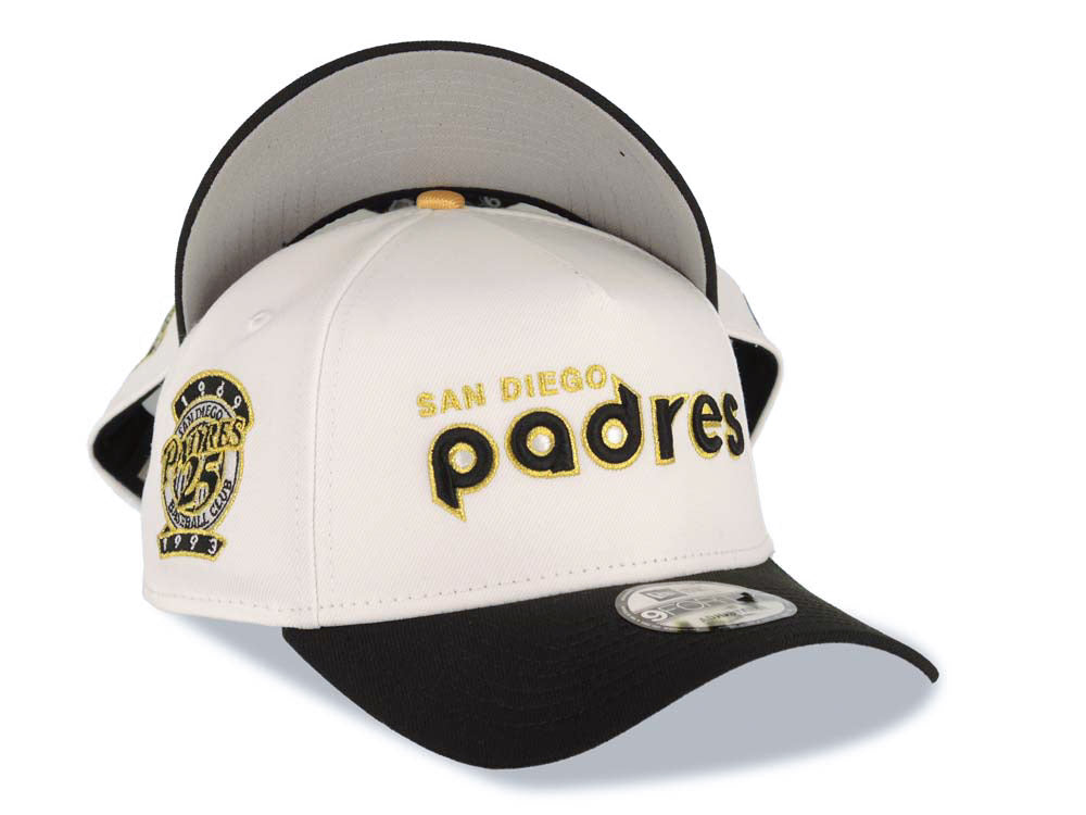 San Diego Padres New Era MLB 9FORTY 940 Adjustable A-Frame Cap Hat White Crown Black Visor Black/Metallic Gold Logo 25th Anniversary Side Patch