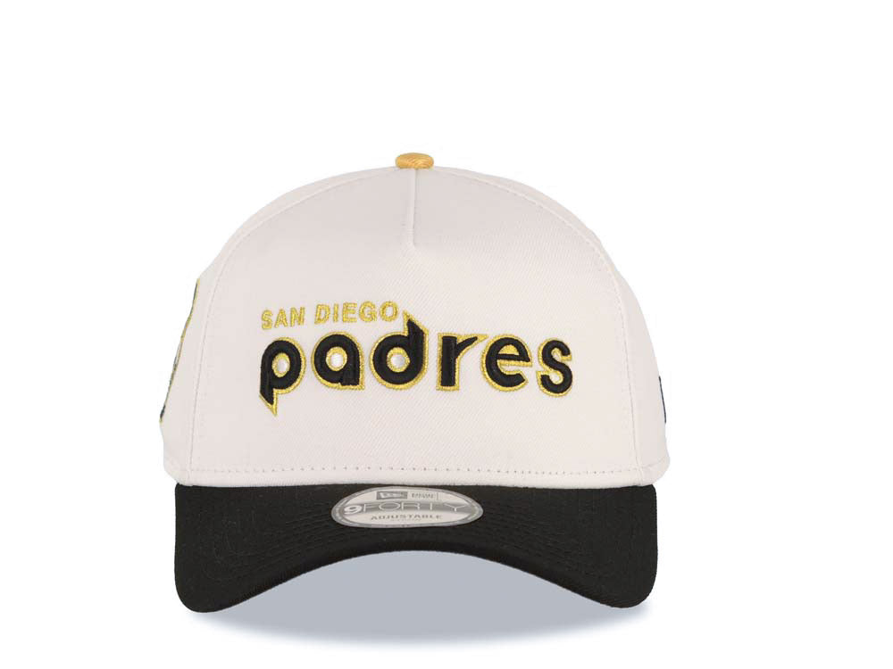 San Diego Padres New Era MLB 9FORTY 940 Adjustable A-Frame Cap Hat White Crown Black Visor Black/Metallic Gold Logo 25th Anniversary Side Patch
