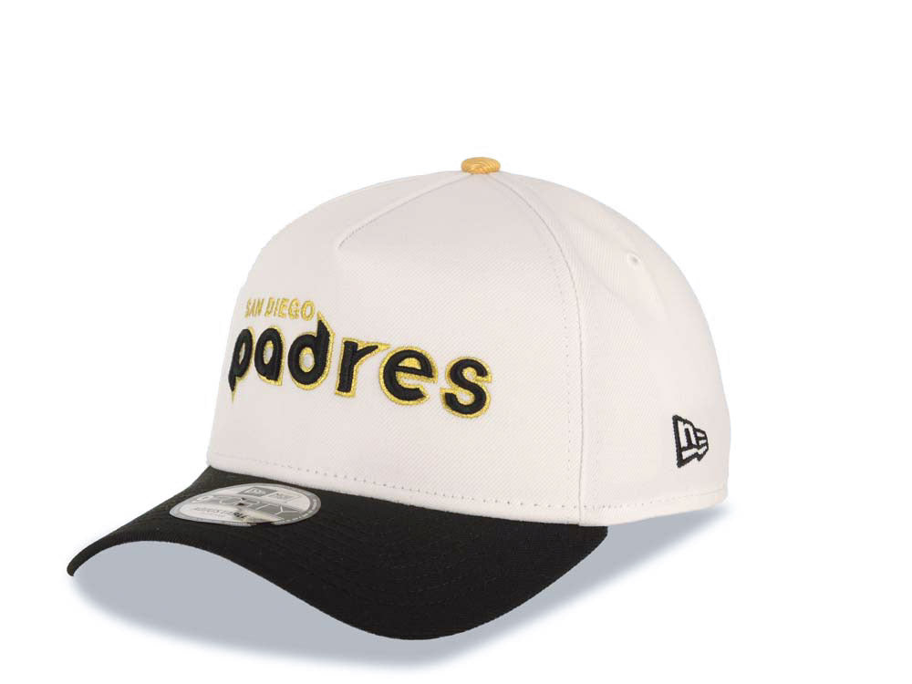 San Diego Padres New Era MLB 9FORTY 940 Adjustable A-Frame Cap Hat White Crown Black Visor Black/Metallic Gold Logo 25th Anniversary Side Patch