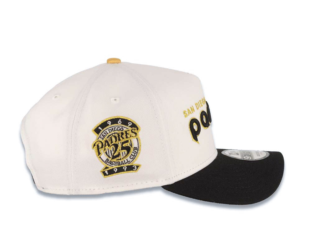 San Diego Padres New Era MLB 9FORTY 940 Adjustable A-Frame Cap Hat White Crown Black Visor Black/Metallic Gold Logo 25th Anniversary Side Patch