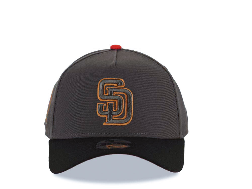 San Diego Padres New Era MLB 9FORTY 940 Adjustable A-Frame Cap Hat Dark Gray Crown Black Visor Metallic Black/Light Brown Logo Petco Park Side Patch