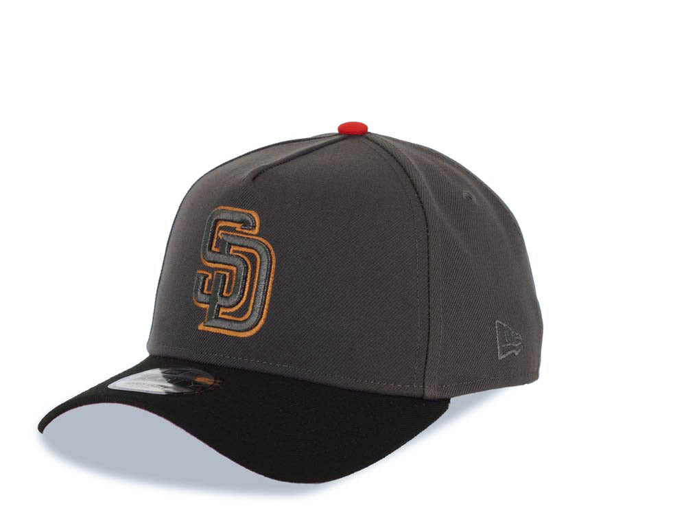 San Diego Padres New Era MLB 9FORTY 940 Adjustable A-Frame Cap Hat Dark Gray Crown Black Visor Metallic Black/Light Brown Logo Petco Park Side Patch