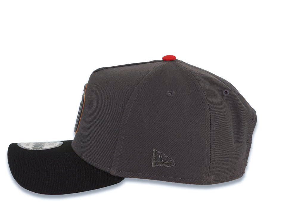 San Diego Padres New Era MLB 9FORTY 940 Adjustable A-Frame Cap Hat Dark Gray Crown Black Visor Metallic Black/Light Brown Logo Petco Park Side Patch