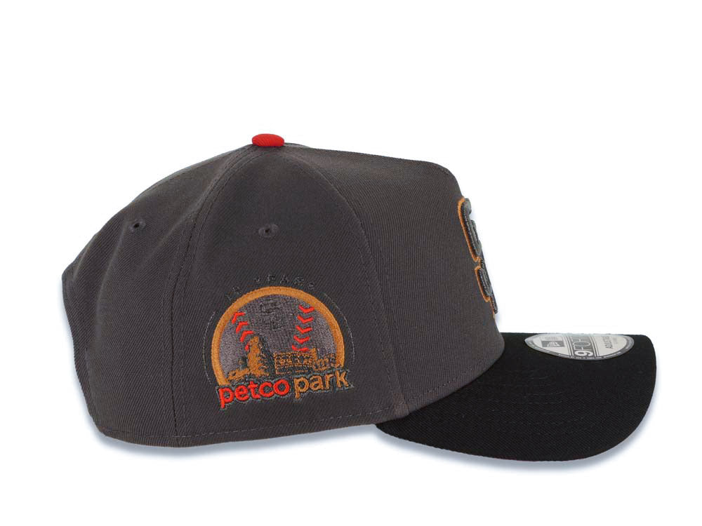 San Diego Padres New Era MLB 9FORTY 940 Adjustable A-Frame Cap Hat Dark Gray Crown Black Visor Metallic Black/Light Brown Logo Petco Park Side Patch