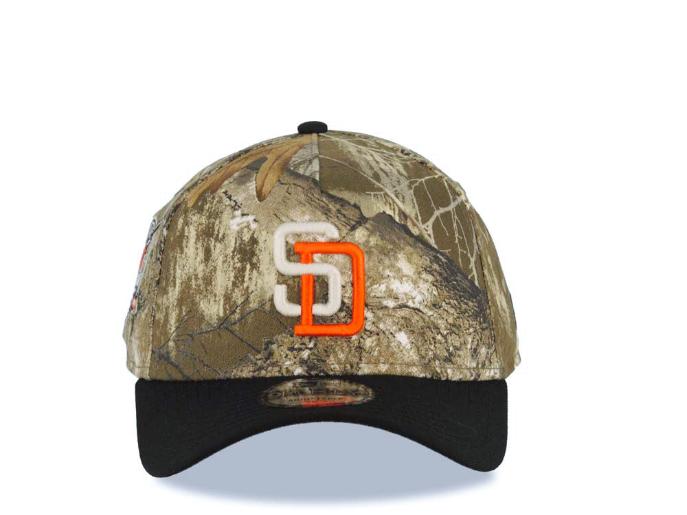 San Diego Padres New Era MLB 9FORTY 940 Adjustable A-Frame Cap Hat Real Tree Edge Camo Crown Black Visor White/Orange Logo 40th Anniversary Side Patch
