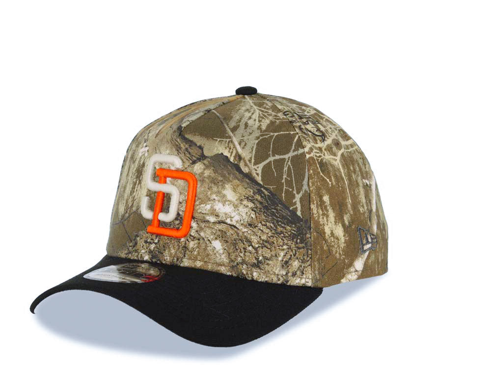 San Diego Padres New Era MLB 9FORTY 940 Adjustable A-Frame Cap Hat Real Tree Edge Camo Crown Black Visor White/Orange Logo 40th Anniversary Side Patch