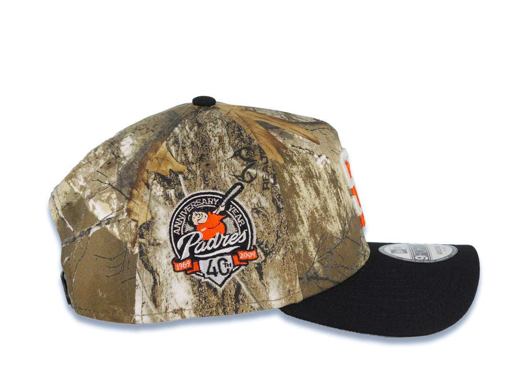 San Diego Padres New Era MLB 9FORTY 940 Adjustable A-Frame Cap Hat Real Tree Edge Camo Crown Black Visor White/Orange Logo 40th Anniversary Side Patch