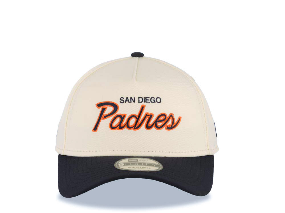 San Diego Padres New Era MLB 9FORTY 940 Adjustable A-Frame Cap Hat Cream Crown Navy Blue Visor Navy Blue/Orange Script/Text Logo Green UV