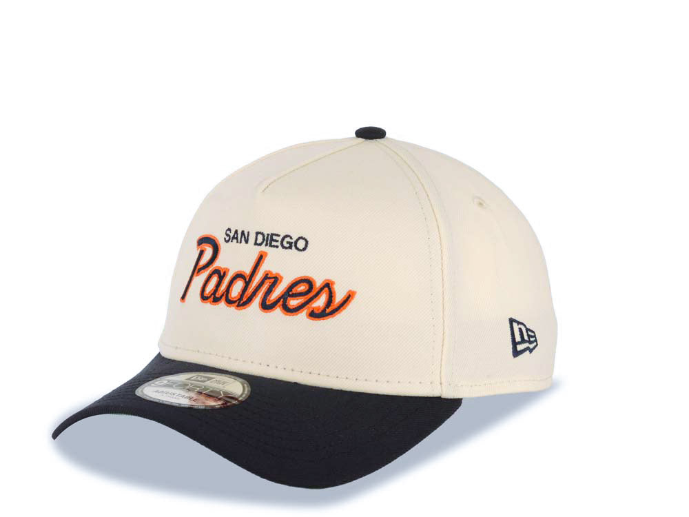 San Diego Padres New Era MLB 9FORTY 940 Adjustable A-Frame Cap Hat Cream Crown Navy Blue Visor Navy Blue/Orange Script/Text Logo Green UV