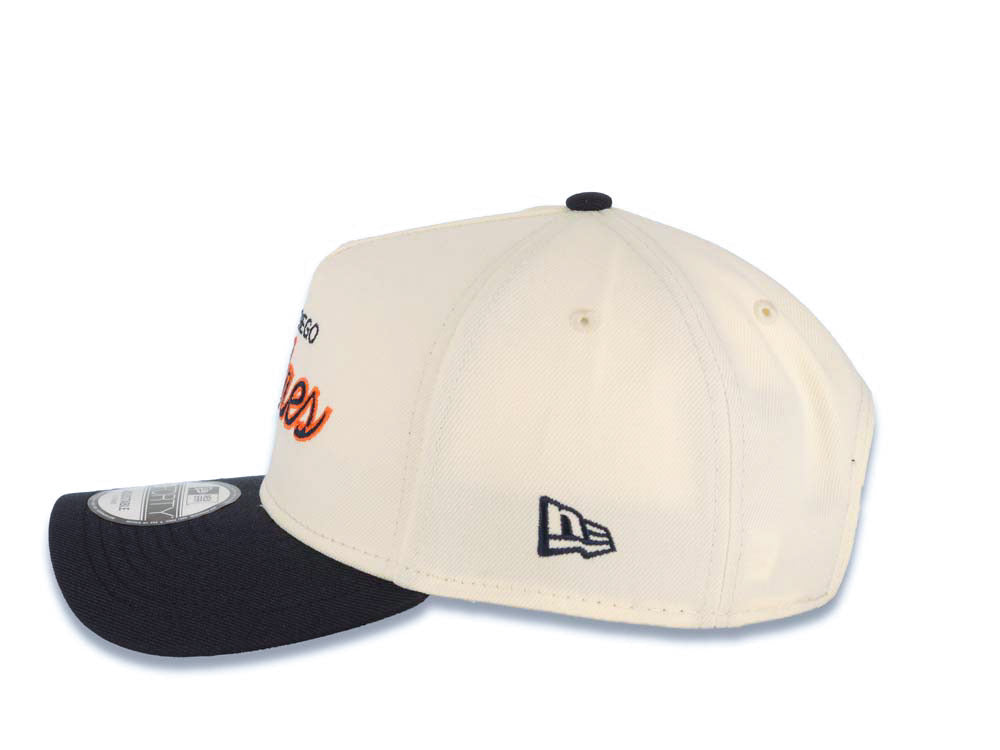 San Diego Padres New Era MLB 9FORTY 940 Adjustable A-Frame Cap Hat Cream Crown Navy Blue Visor Navy Blue/Orange Script/Text Logo Green UV