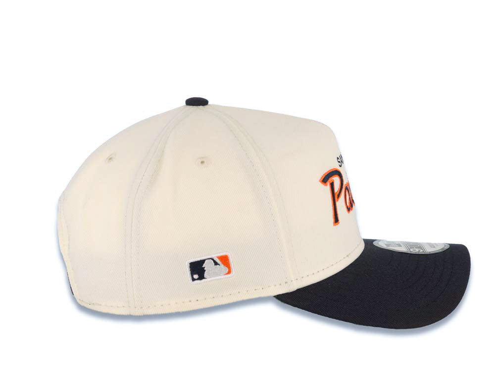 San Diego Padres New Era MLB 9FORTY 940 Adjustable A-Frame Cap Hat Cream Crown Navy Blue Visor Navy Blue/Orange Script/Text Logo Green UV