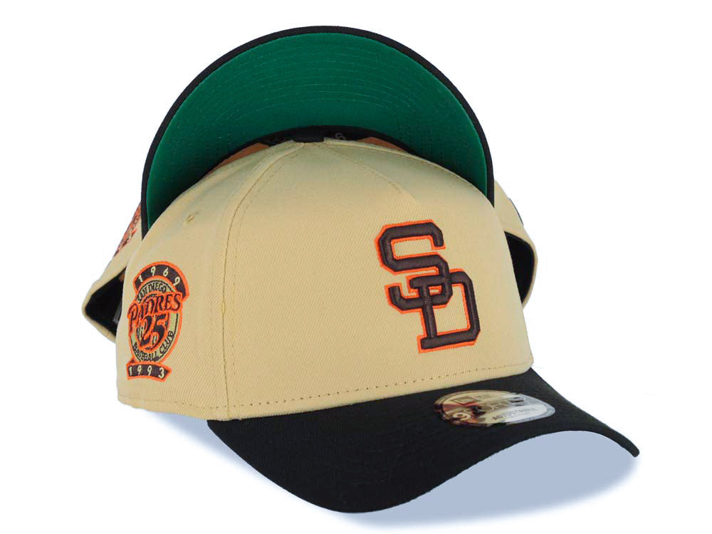 San Diego Padres New Era MLB 9FORTY 940 Adjustable A-Frame Cap Hat Vegas Gold Crown Black Visor Brown/Orange Cooperstown Logo 25th Anniversary Patch
