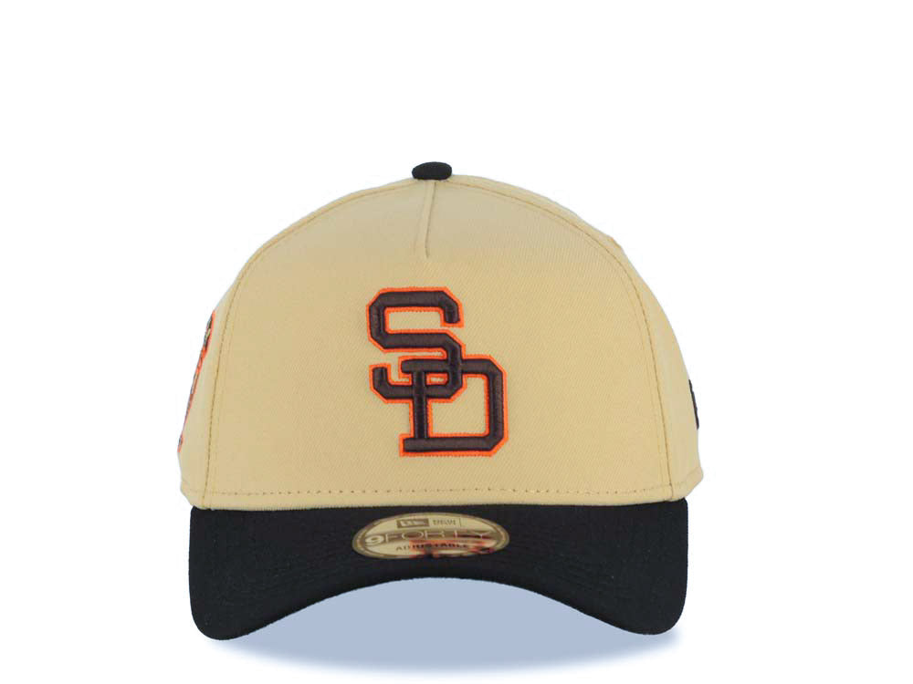 San Diego Padres New Era MLB 9FORTY 940 Adjustable A-Frame Cap Hat Vegas Gold Crown Black Visor Brown/Orange Cooperstown Logo 25th Anniversary Patch
