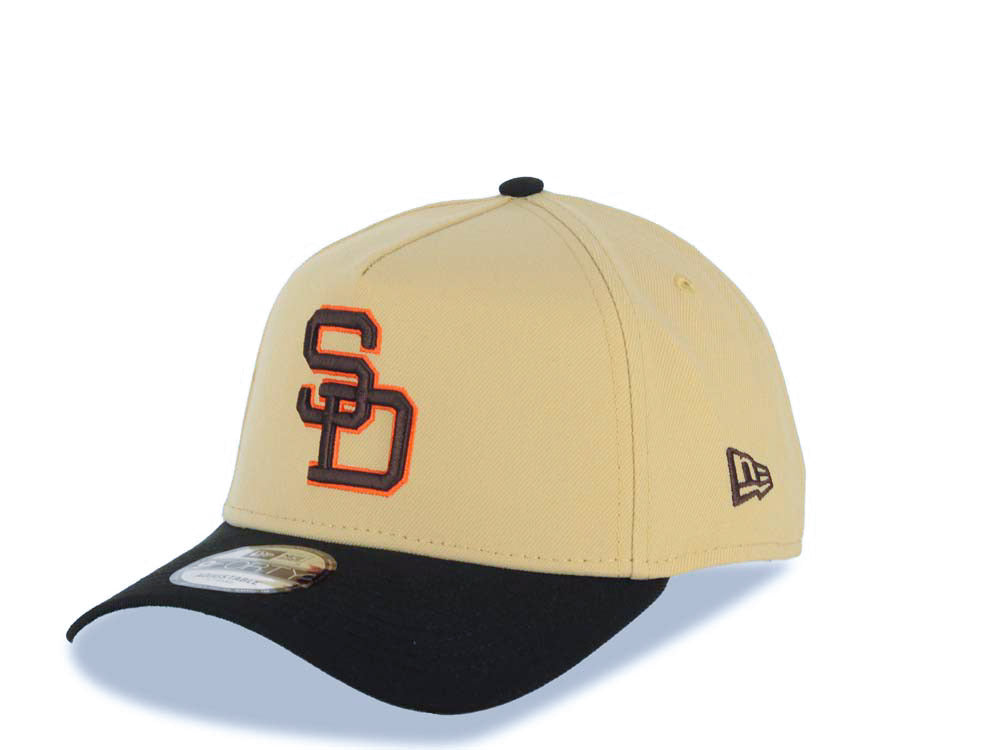 San Diego Padres New Era MLB 9FORTY 940 Adjustable A-Frame Cap Hat Vegas Gold Crown Black Visor Brown/Orange Cooperstown Logo 25th Anniversary Patch