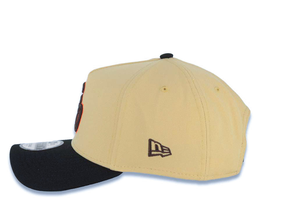 San Diego Padres New Era MLB 9FORTY 940 Adjustable A-Frame Cap Hat Vegas Gold Crown Black Visor Brown/Orange Cooperstown Logo 25th Anniversary Patch