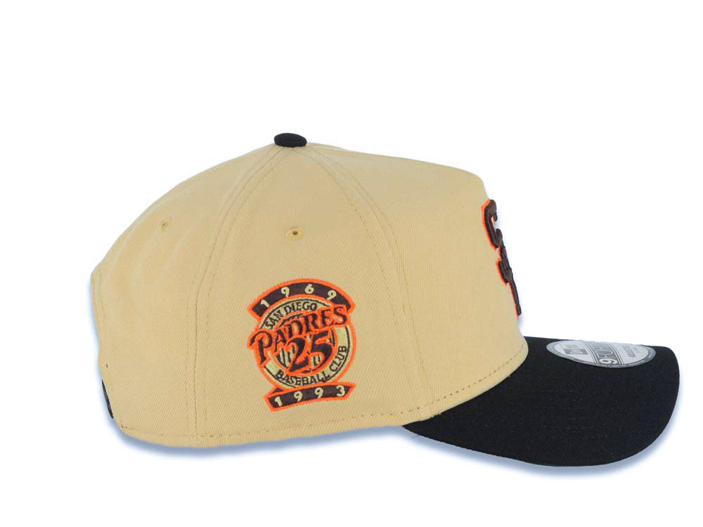 San Diego Padres New Era MLB 9FORTY 940 Adjustable A-Frame Cap Hat Vegas Gold Crown Black Visor Brown/Orange Cooperstown Logo 25th Anniversary Patch