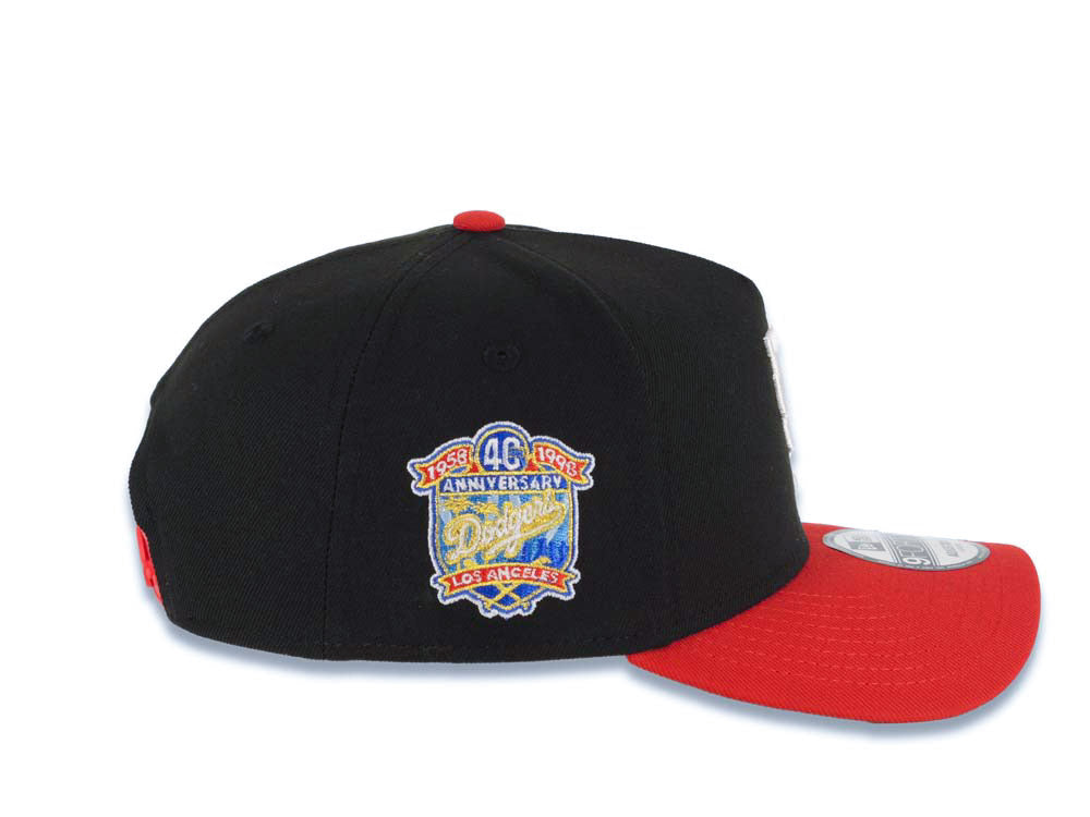 Los Angeles Dodgers New Era MLB 9FORTY 940 Adjustable A-Frame Cap Hat Black Crown Red Visor White Upside Down Logo 40th Anniversary Side Patch