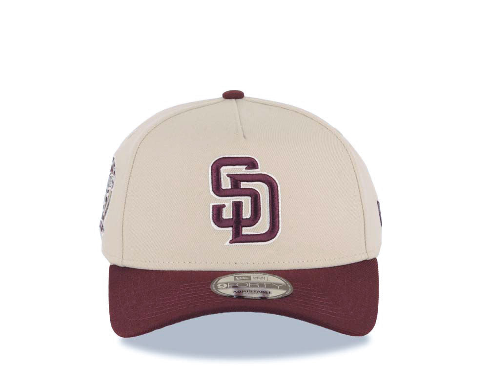 San Diego Padres New Era MLB 9FORTY 940 Adjustable A-Frame Cap Hat Stone Crown Maroon Visor Maroon Logo 25th Anniversary Side Patch