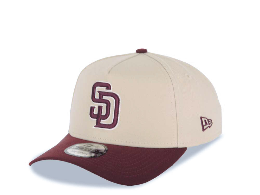 San Diego Padres New Era MLB 9FORTY 940 Adjustable A-Frame Cap Hat Stone Crown Maroon Visor Maroon Logo 25th Anniversary Side Patch