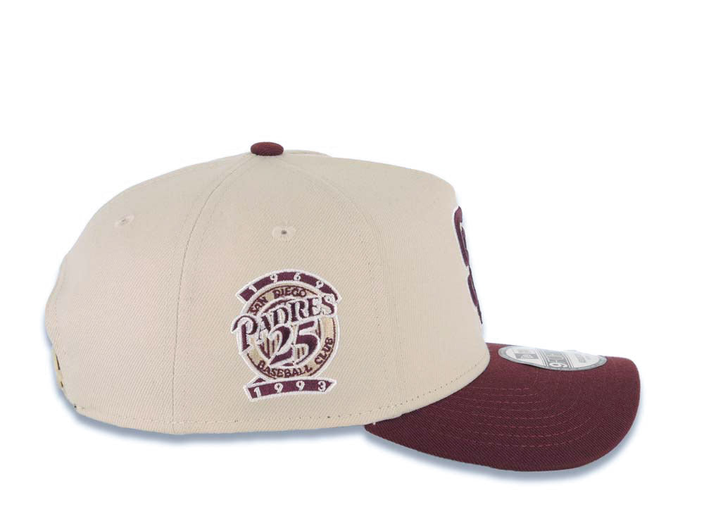 San Diego Padres New Era MLB 9FORTY 940 Adjustable A-Frame Cap Hat Stone Crown Maroon Visor Maroon Logo 25th Anniversary Side Patch
