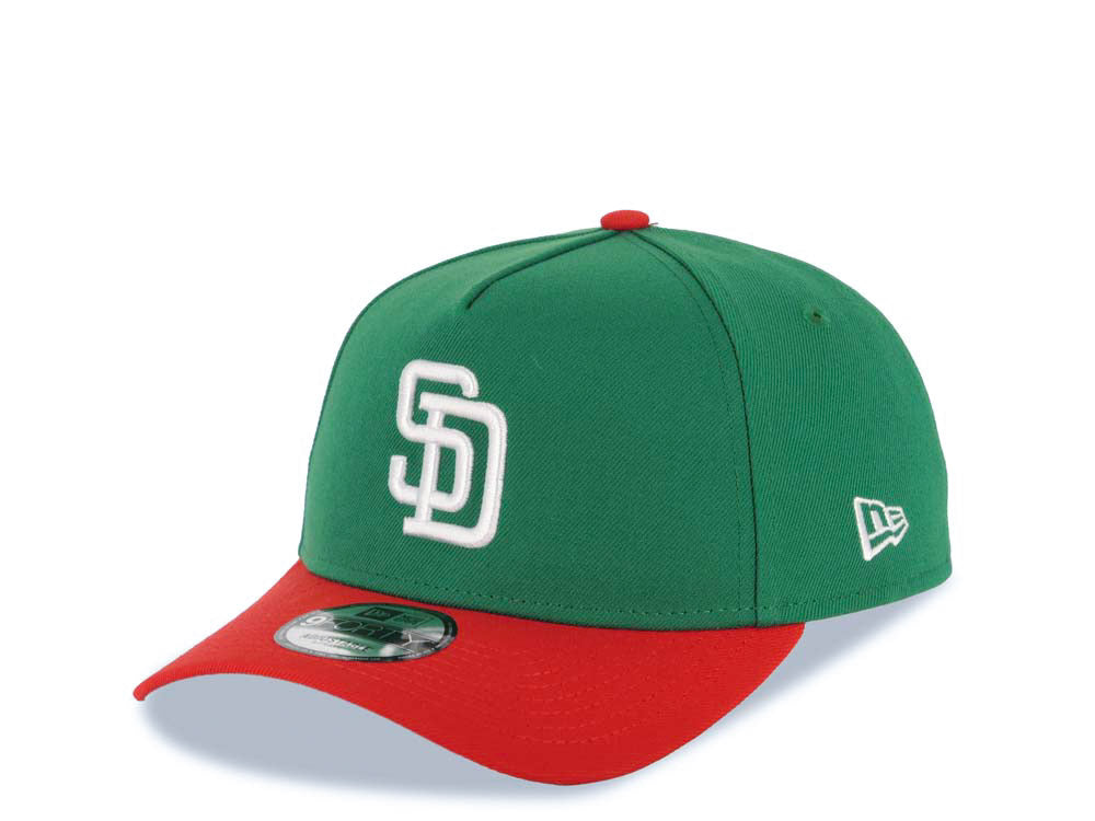 San Diego Padres New Era MLB 9FORTY 940 Adjustable A-Frame Cap Hat Green Crown Red Visor White Logo 40th Anniversary Side Patch
