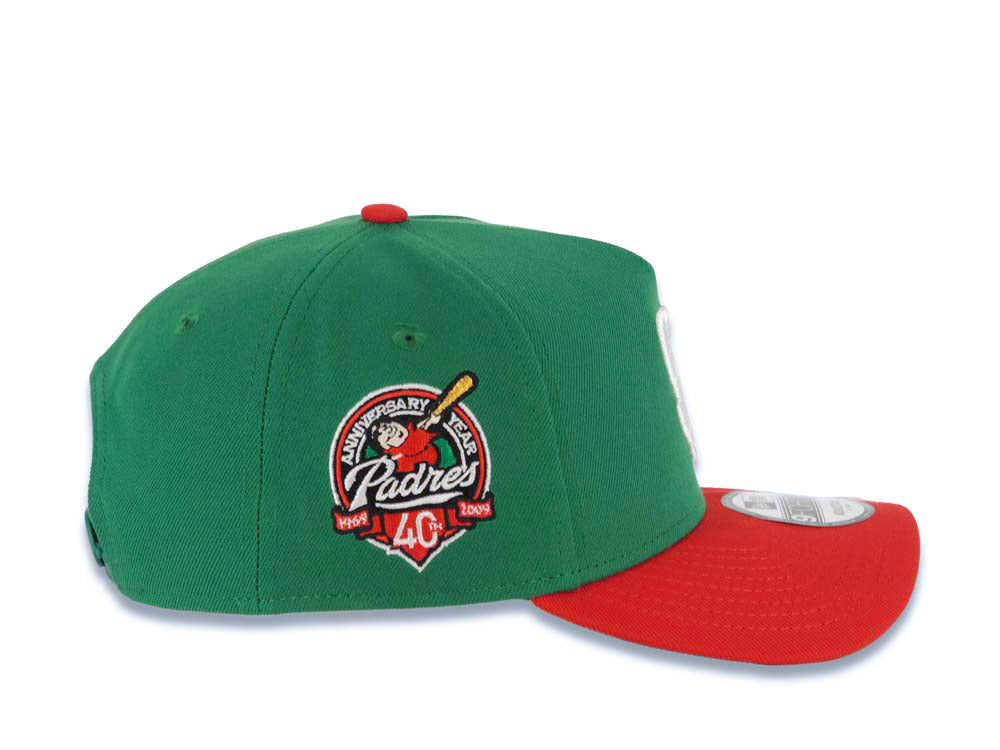 San Diego Padres New Era MLB 9FORTY 940 Adjustable A-Frame Cap Hat Green Crown Red Visor White Logo 40th Anniversary Side Patch