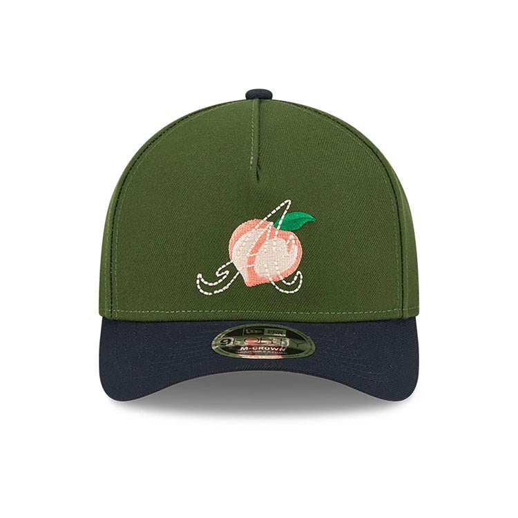 Atlanta Braves New Era MLB 9FORTY 940 M-Crown Adjustable A-Frame Cap Hat Dark Green Crown Navy Blue Visor White/Orange Peach Logo