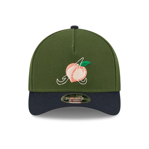 Atlanta Braves New Era MLB 9FORTY 940 M-Crown Adjustable A-Frame Cap Hat Dark Green Crown Navy Blue Visor White/Orange Peach Logo