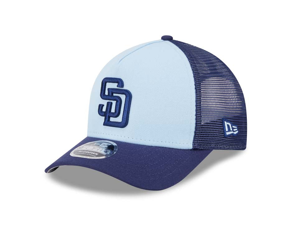 San Diego Padres New Era MLB 9FORTY 940 Adjustable A-Frame Trucker Mesh Cap Hat White/Navy Crown Navy Blue Visor Navy Blue Logo (Color Pack)