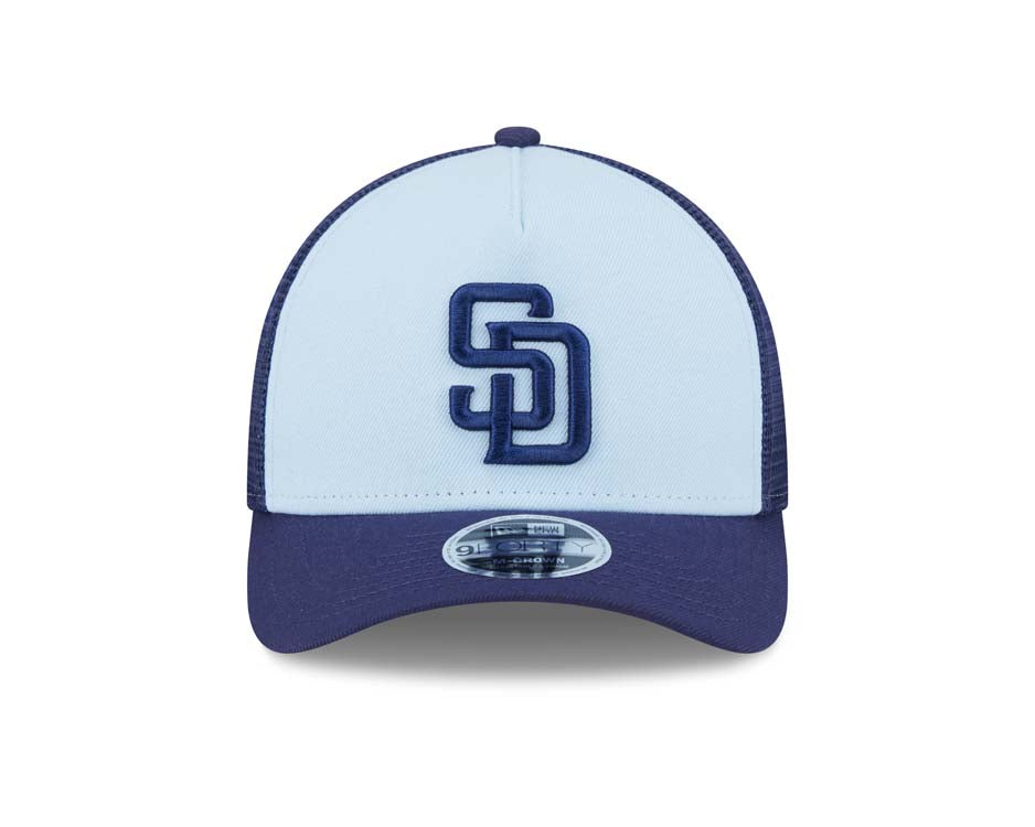 San Diego Padres New Era MLB 9FORTY 940 Adjustable A-Frame Trucker Mesh Cap Hat White/Navy Crown Navy Blue Visor Navy Blue Logo (Color Pack)