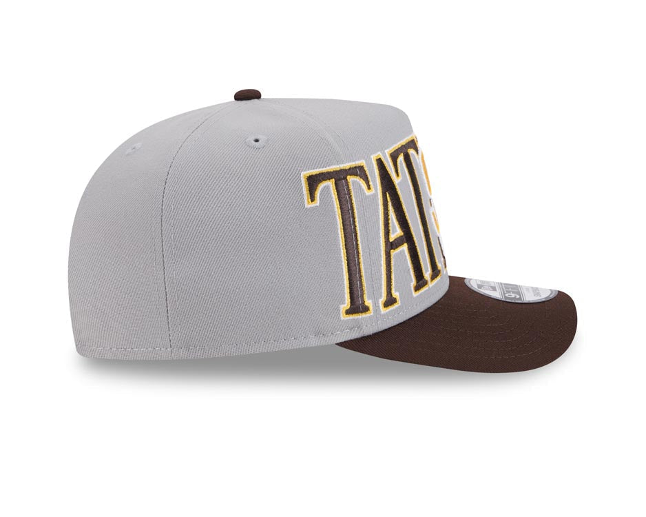 San Diego Padres New Era MLB 9FIFTY 950 Snapback A-Frame Cap Hat Gray Crown Brown Visor Yellow/White/Brown Logo Overlap Tatis Jr.