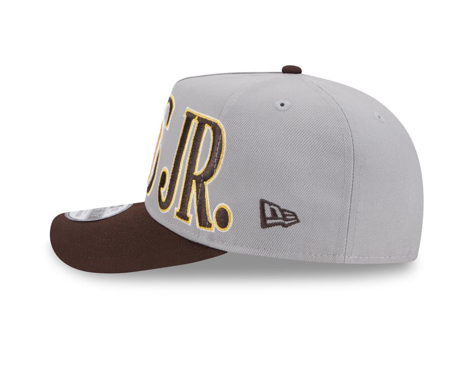 San Diego Padres New Era MLB 9FIFTY 950 Snapback A-Frame Cap Hat Gray Crown Brown Visor Yellow/White/Brown Logo Overlap Tatis Jr.