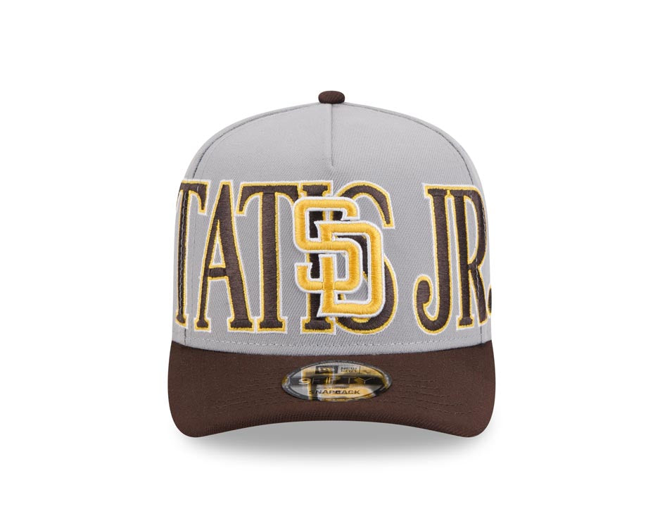 (Youth) San Diego Padres New Era MLB 9FIFTY 950 Kid Snapback A-Frame Cap Hat Gray Crown Brown Visor Yellow/White Logo Overlap Tatis Jr.