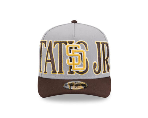 (Youth) San Diego Padres New Era MLB 9FIFTY 950 Kid Snapback A-Frame Cap Hat Gray Crown Brown Visor Yellow/White Logo Overlap Tatis Jr.